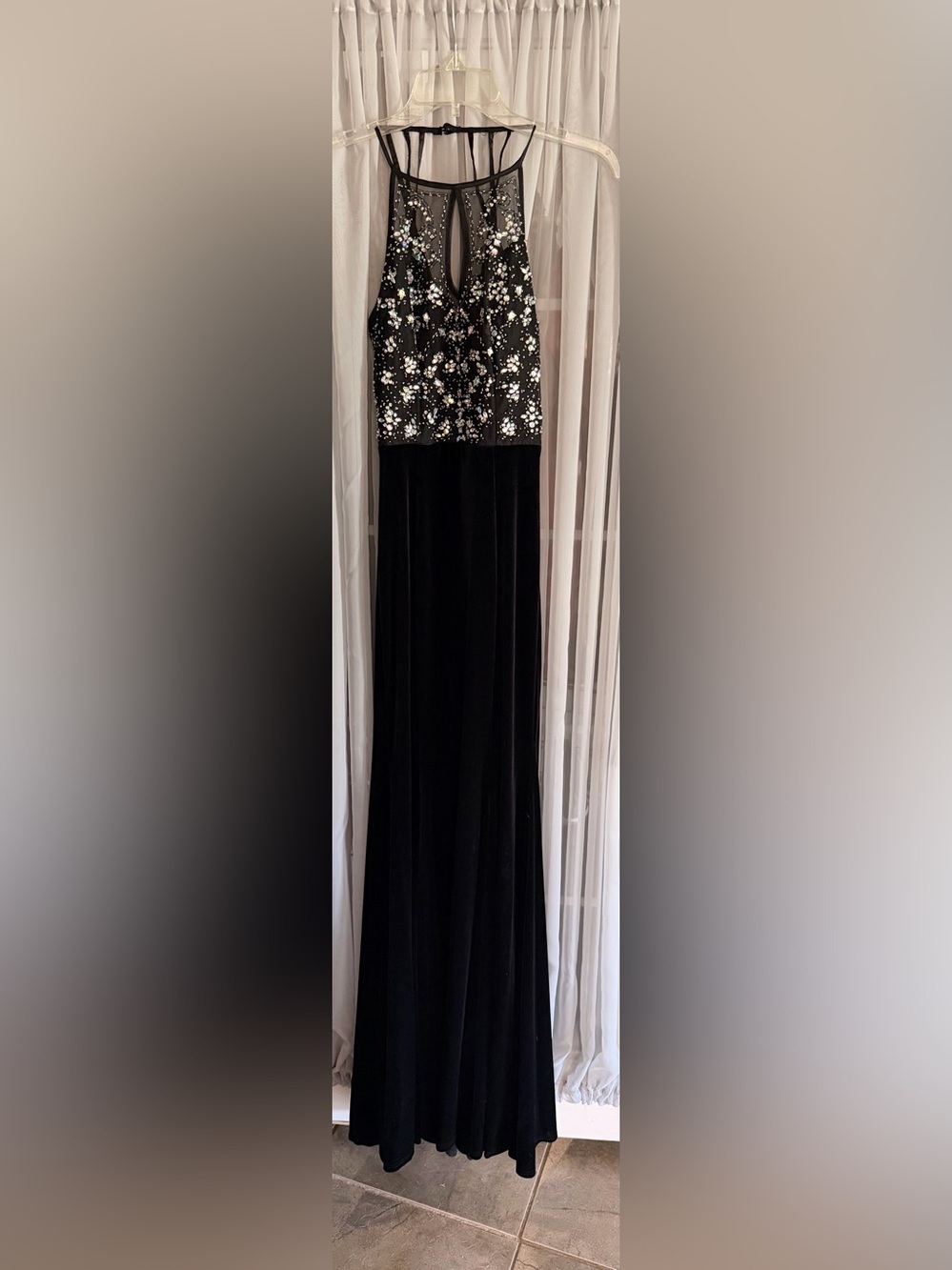 B Darlin Black Velvet Maxi Dress with Silver Sequin Floral Bodice 5/6